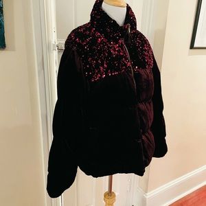 Burgundy Velvet Anthropologie Maeve Sequined Vera Puffer Jacket XL